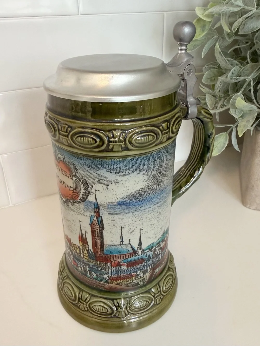 Vintage Western Germany Beer Stein Pewter Lid Hannover Cityscape Ceramic Mug